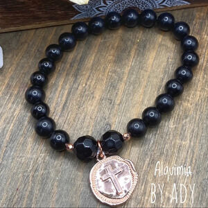 Black onyx and rose gold  hematite  cross medal beaded bracelet